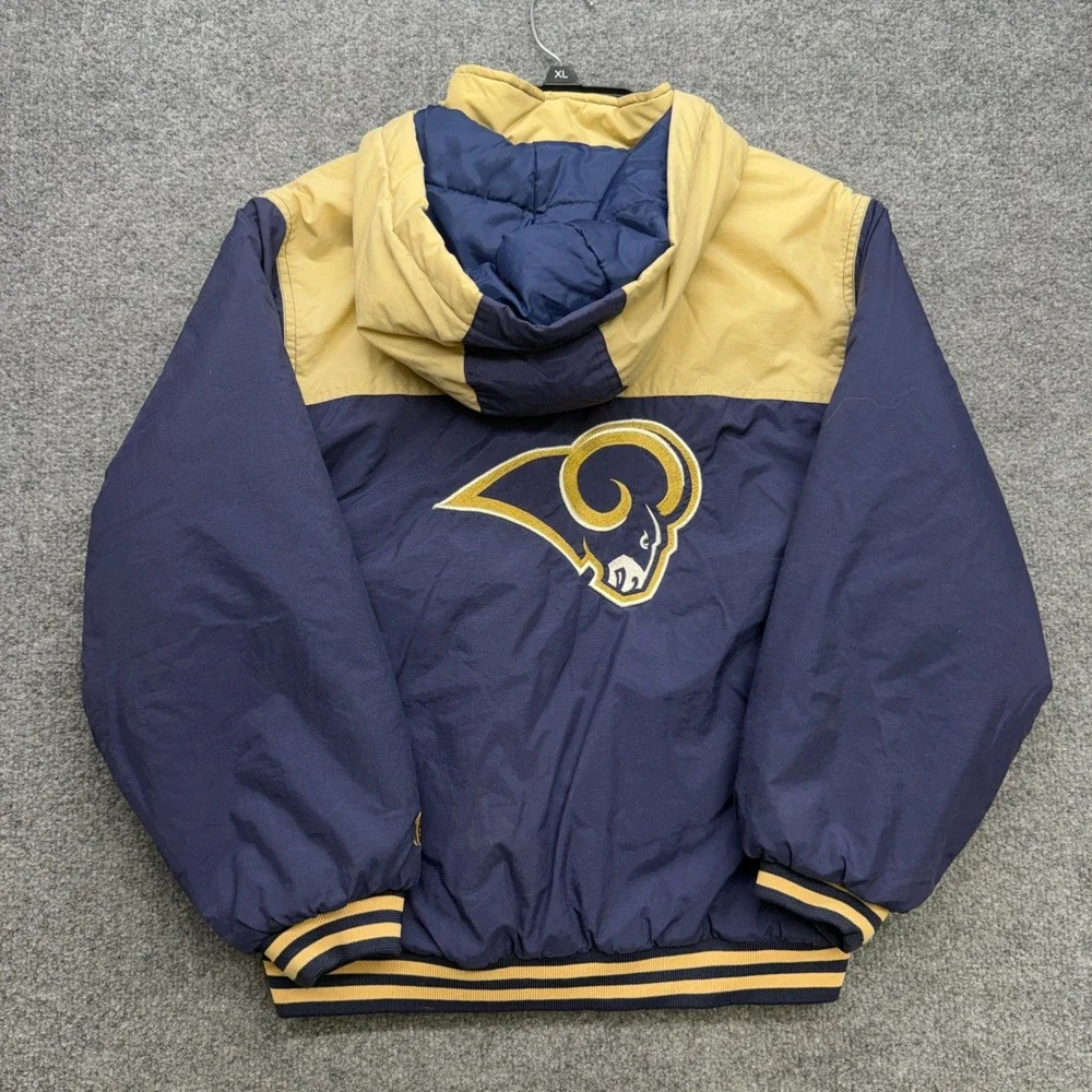 Vintage NFL St Louis Rams Hooded Puffer Jacket Kids Medium Navy Gold RN67891